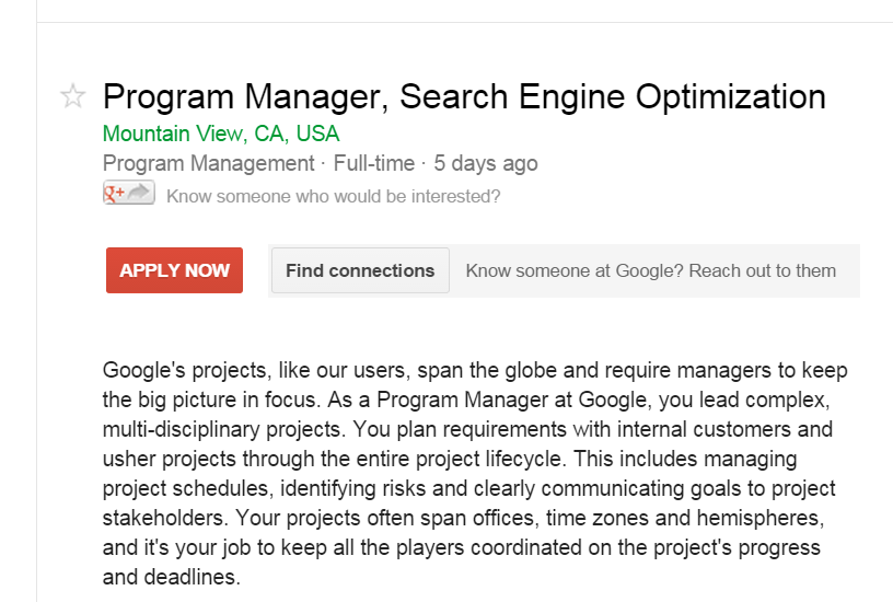 Google job advert