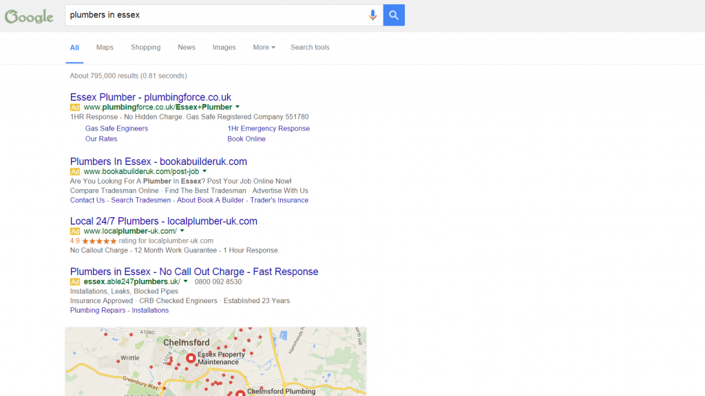 Plumbers in Essex Google AdWords results